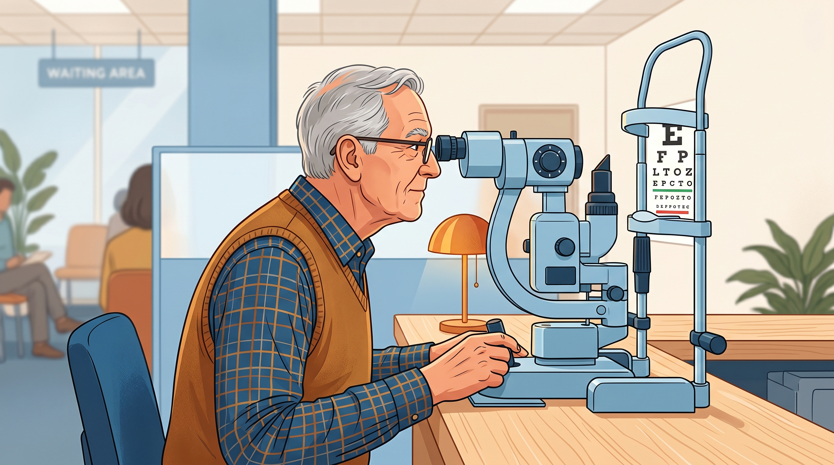 Senior driver reading an eye chart during a DMV vision test in a friendly office setting.
