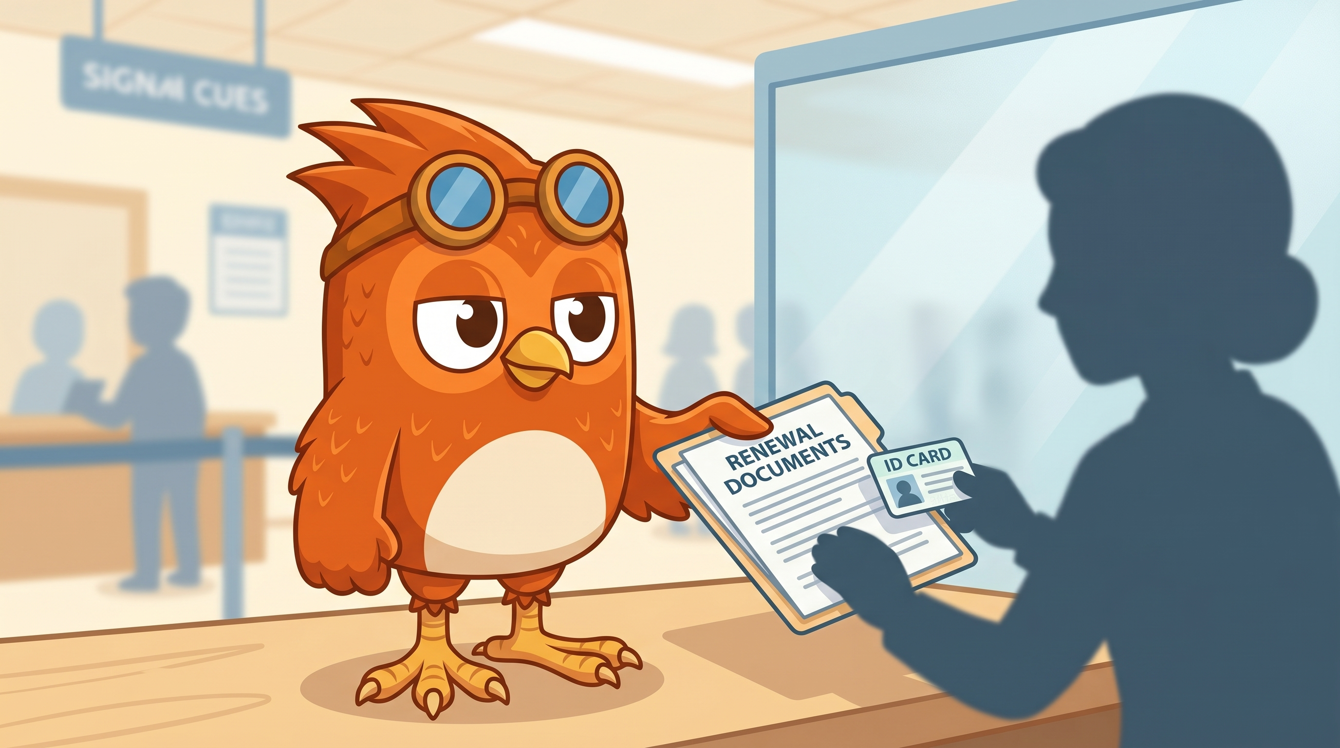 Wheeler the owl at DMV counter presenting renewal documents and license to a clerk.