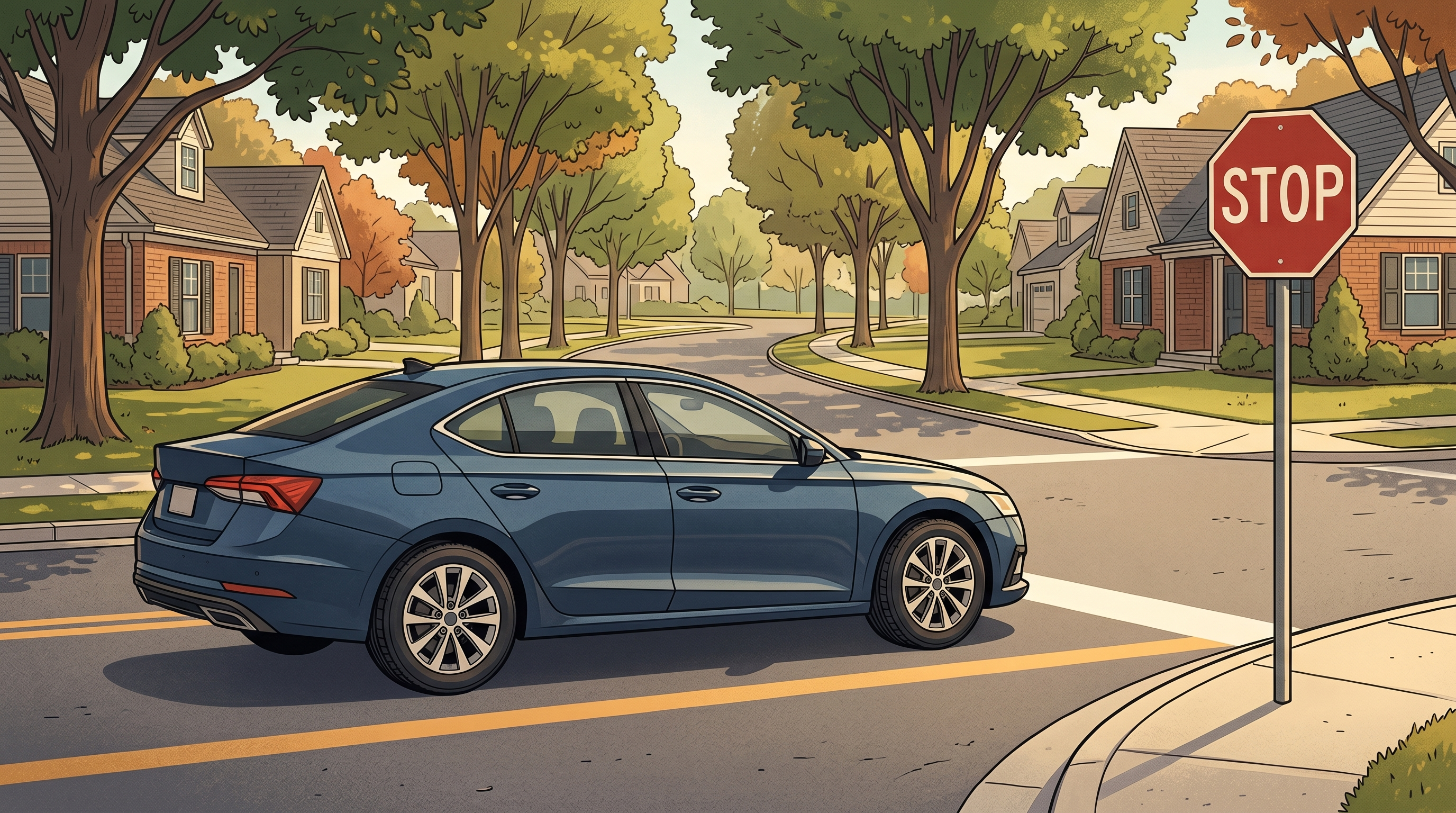 Car making complete stop at painted stop line at intersection