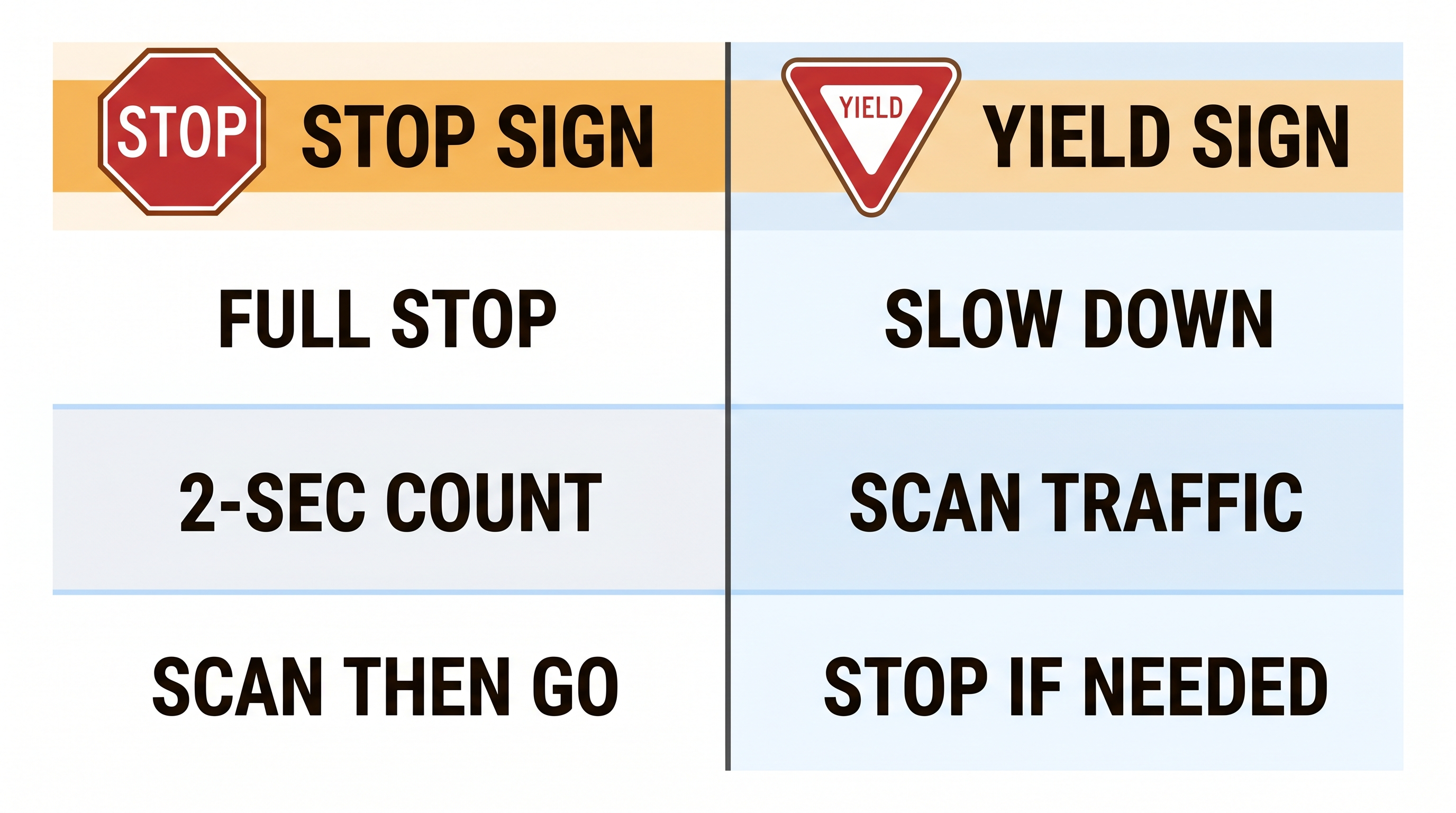 Comparison chart of stop sign versus yield sign required actions