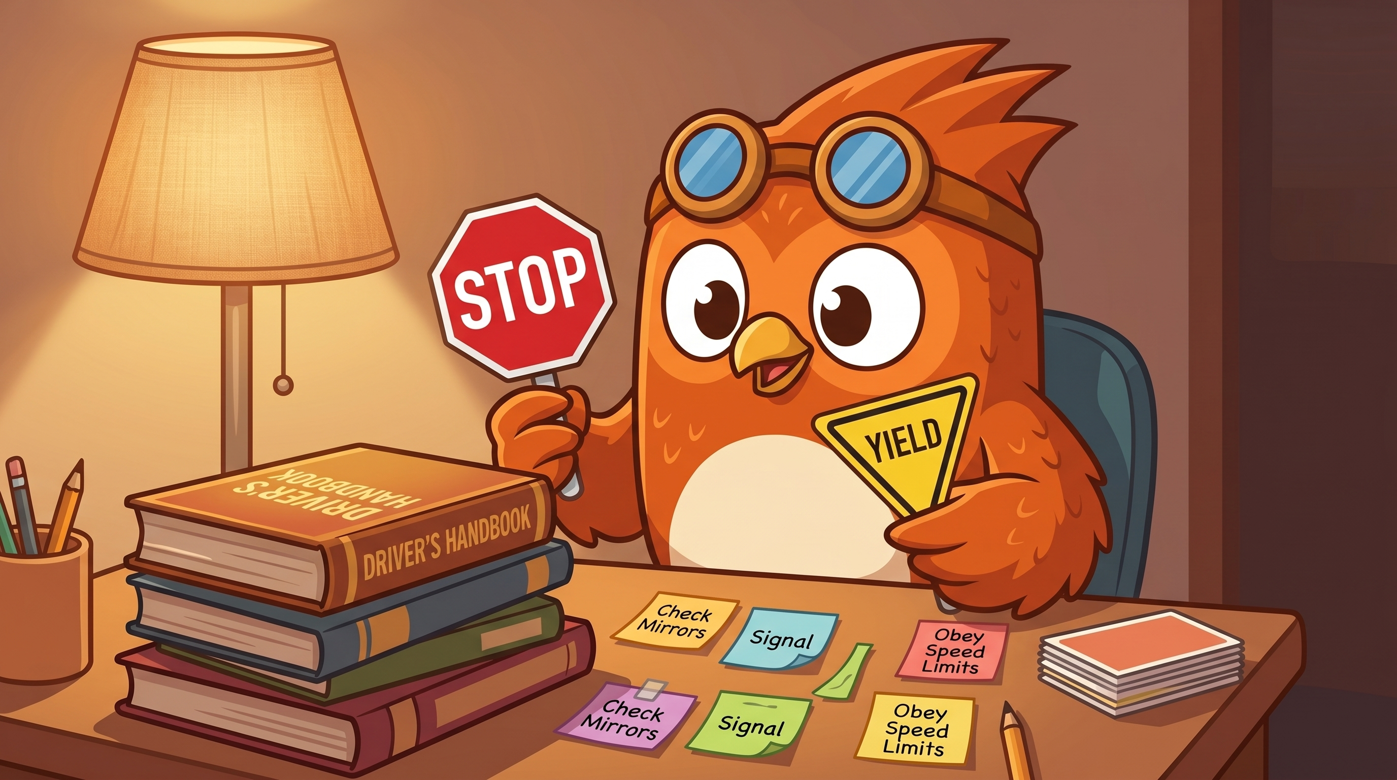 Wheeler the owl at a desk with stop and yield sign flashcards studying