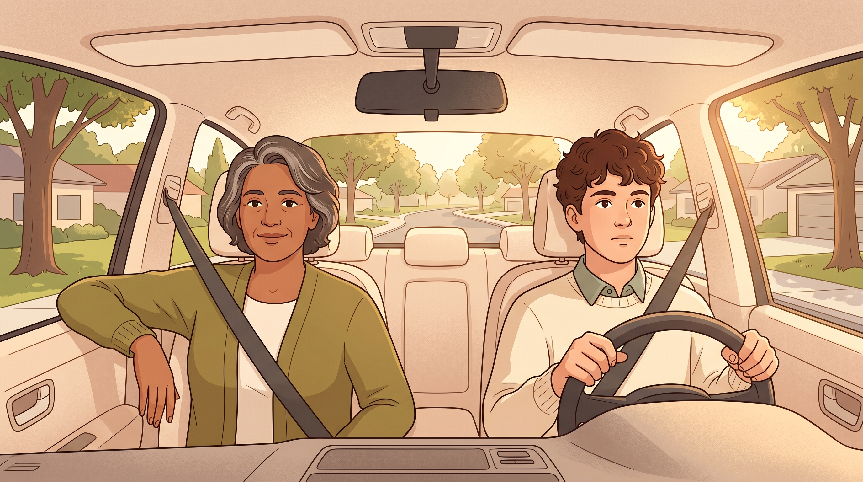 Learner driver practicing with a licensed adult supervisor in the passenger seat