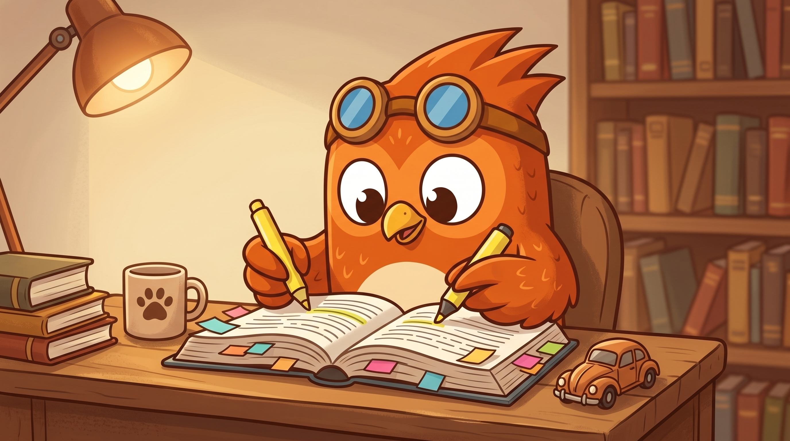 Wheeler the owl studying the driver's handbook with highlighters and sticky notes