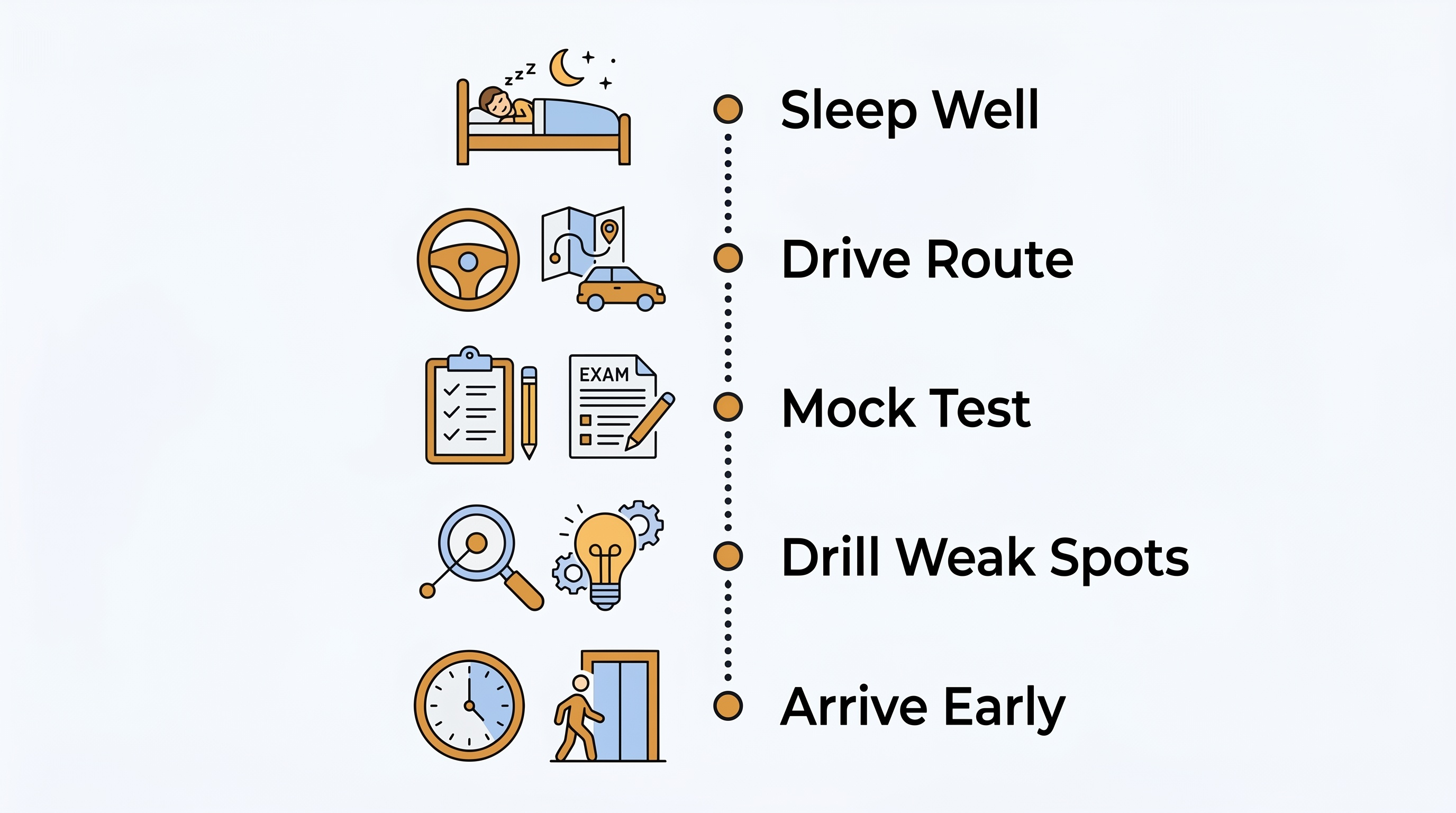 Five step pre-test checklist infographic with simple icons