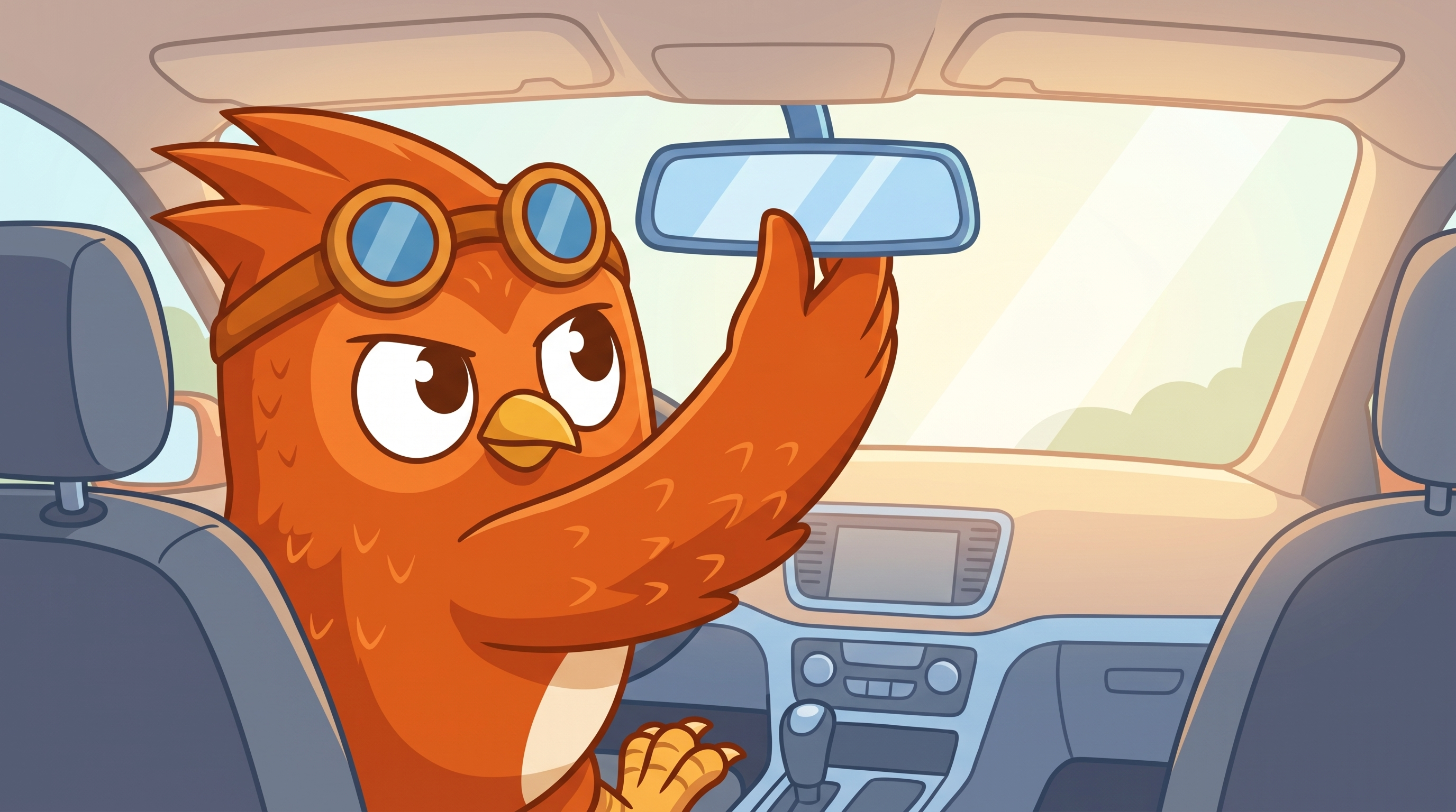 Wheeler the owl carefully adjusting the rearview mirror before driving