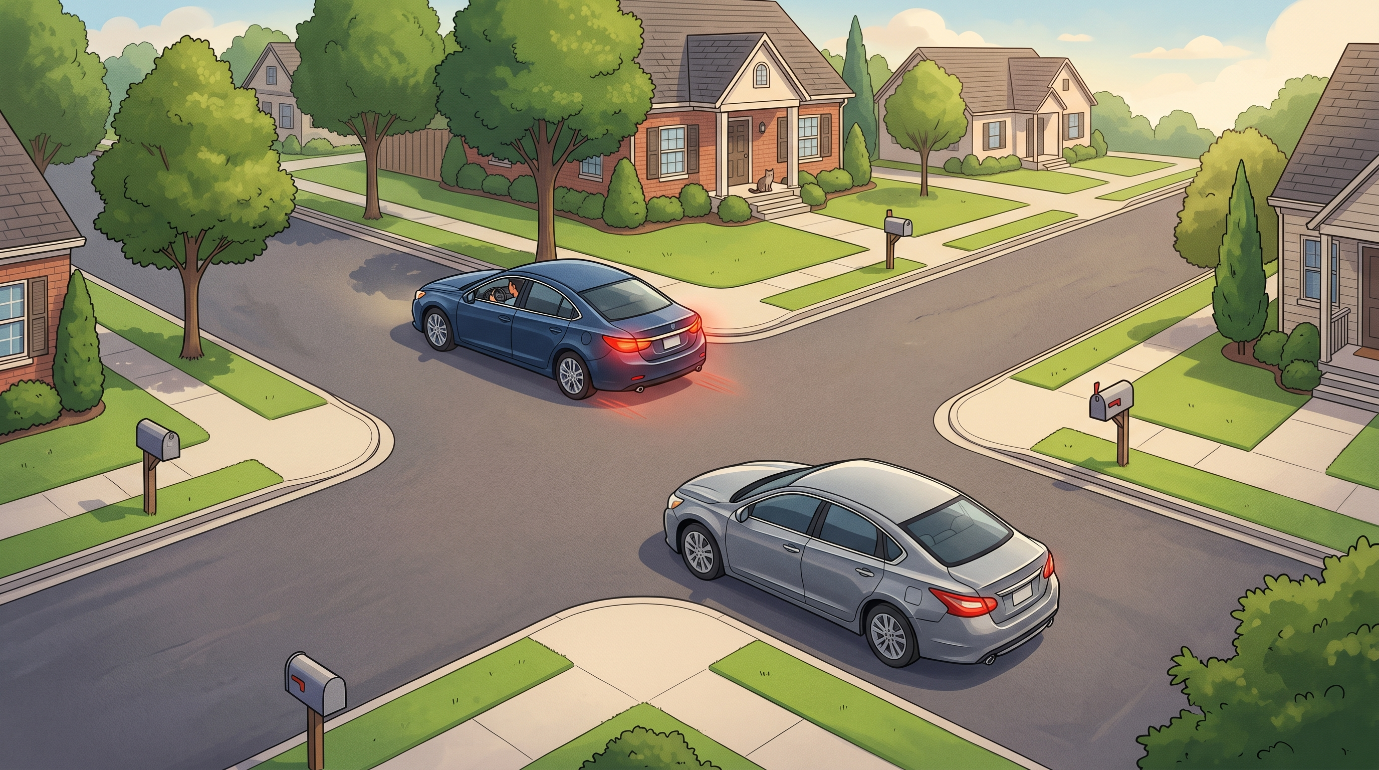 Two cars approaching an uncontrolled intersection with one yielding to the right