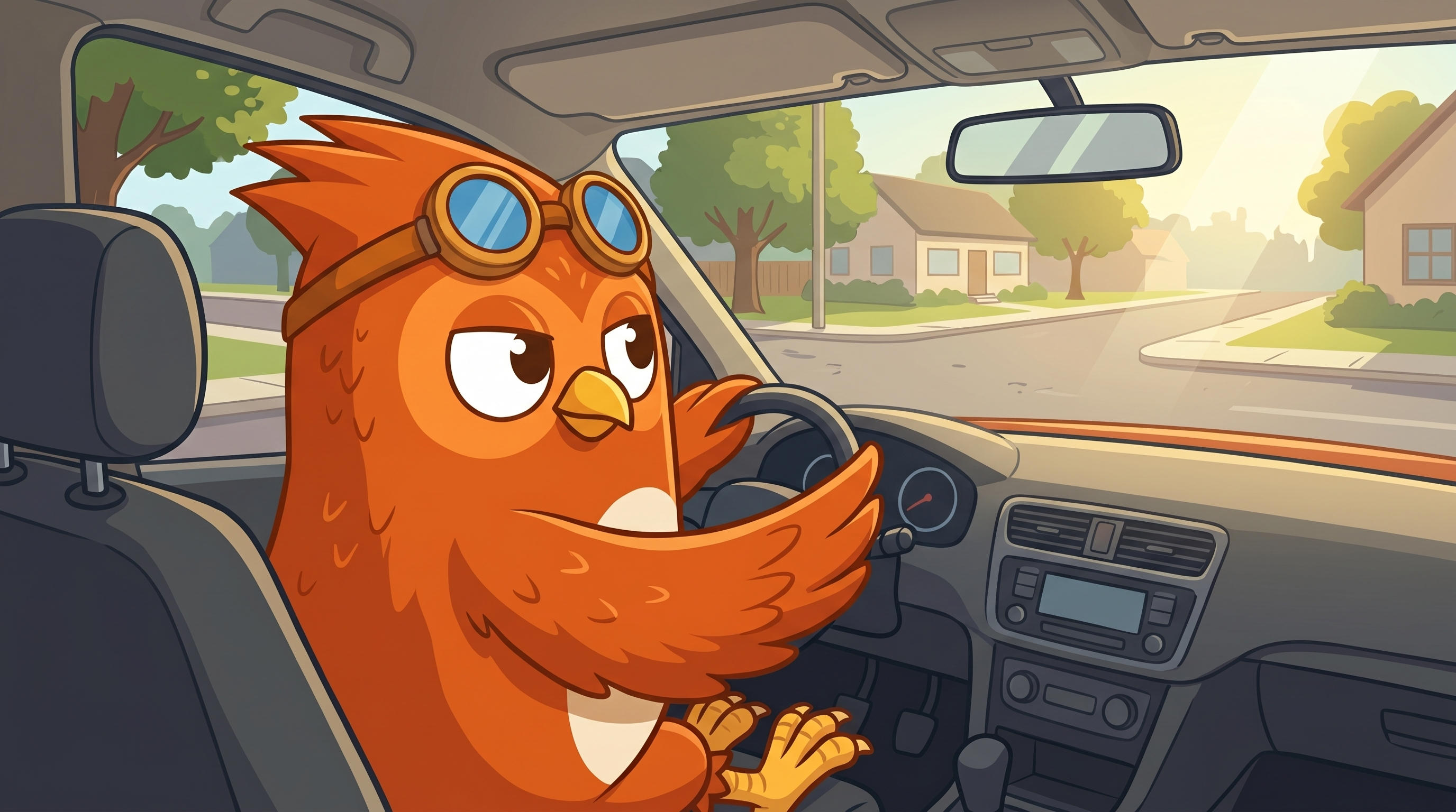 Wheeler the owl scanning both directions at an intersection with no signs