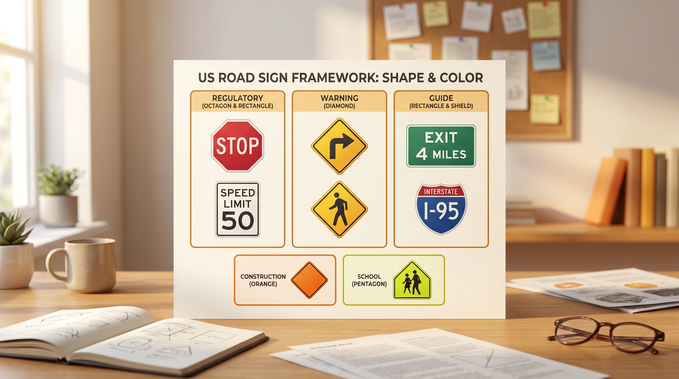 Reference chart showing road sign shapes, colors, and meanings in a clean grid layout