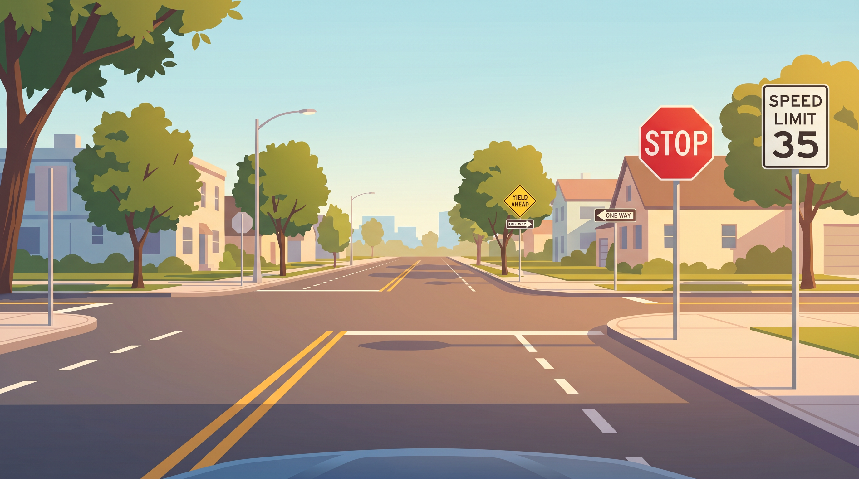 Highway intersection showing multiple road signs and pavement markings in realistic driving context