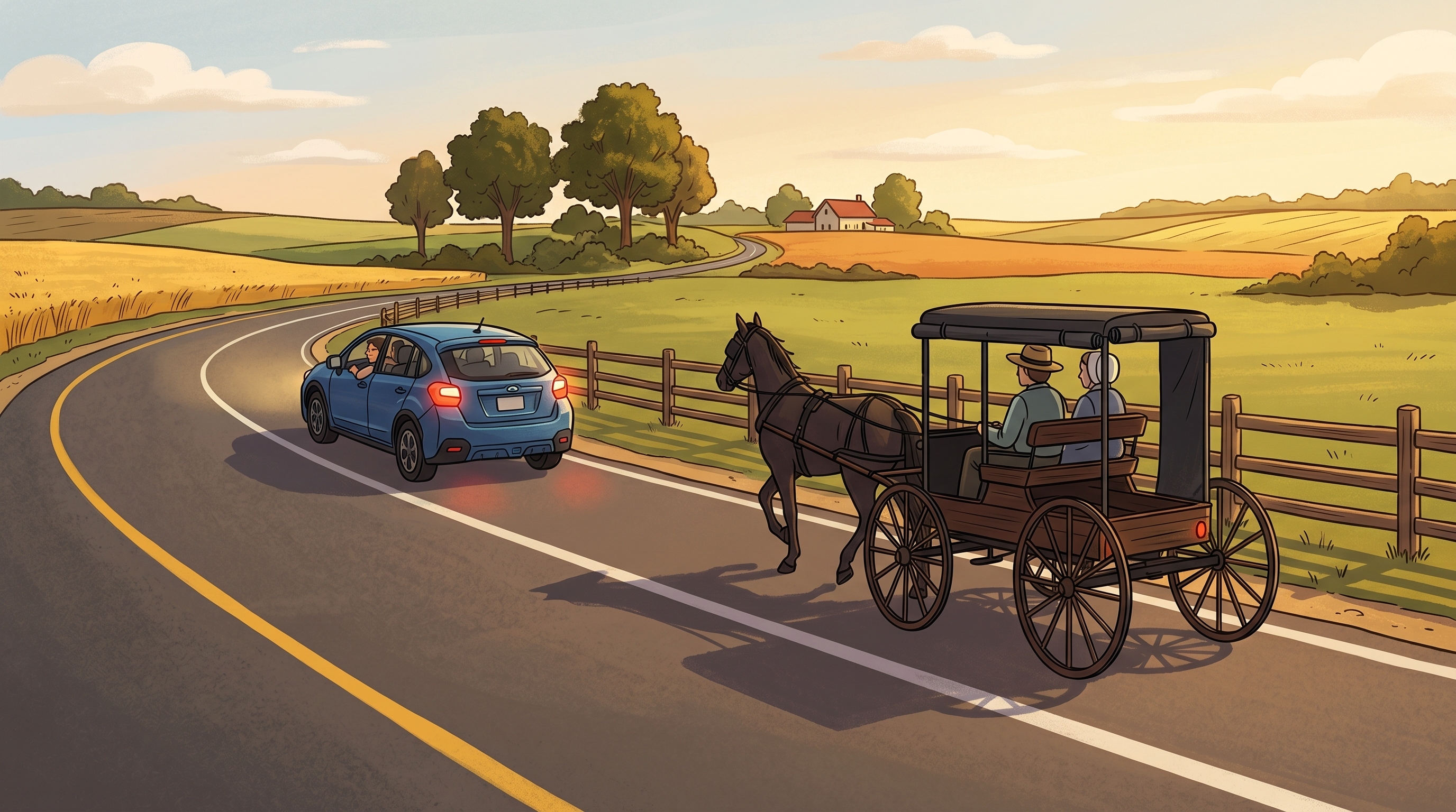 Illustrated horse-drawn buggy on a rural road next to a modern car