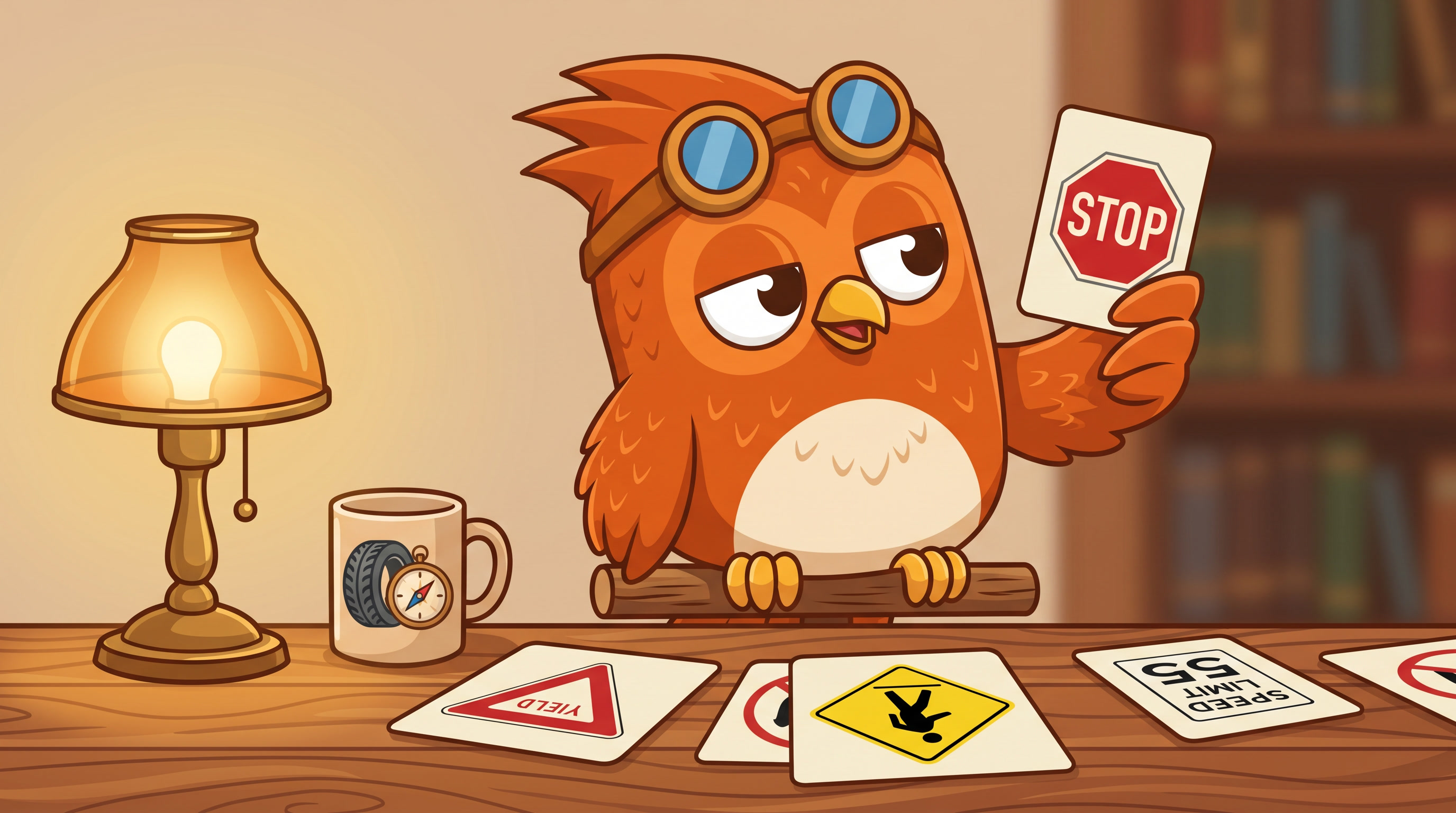 Wheeler the owl studying road sign flashcards at a cozy desk