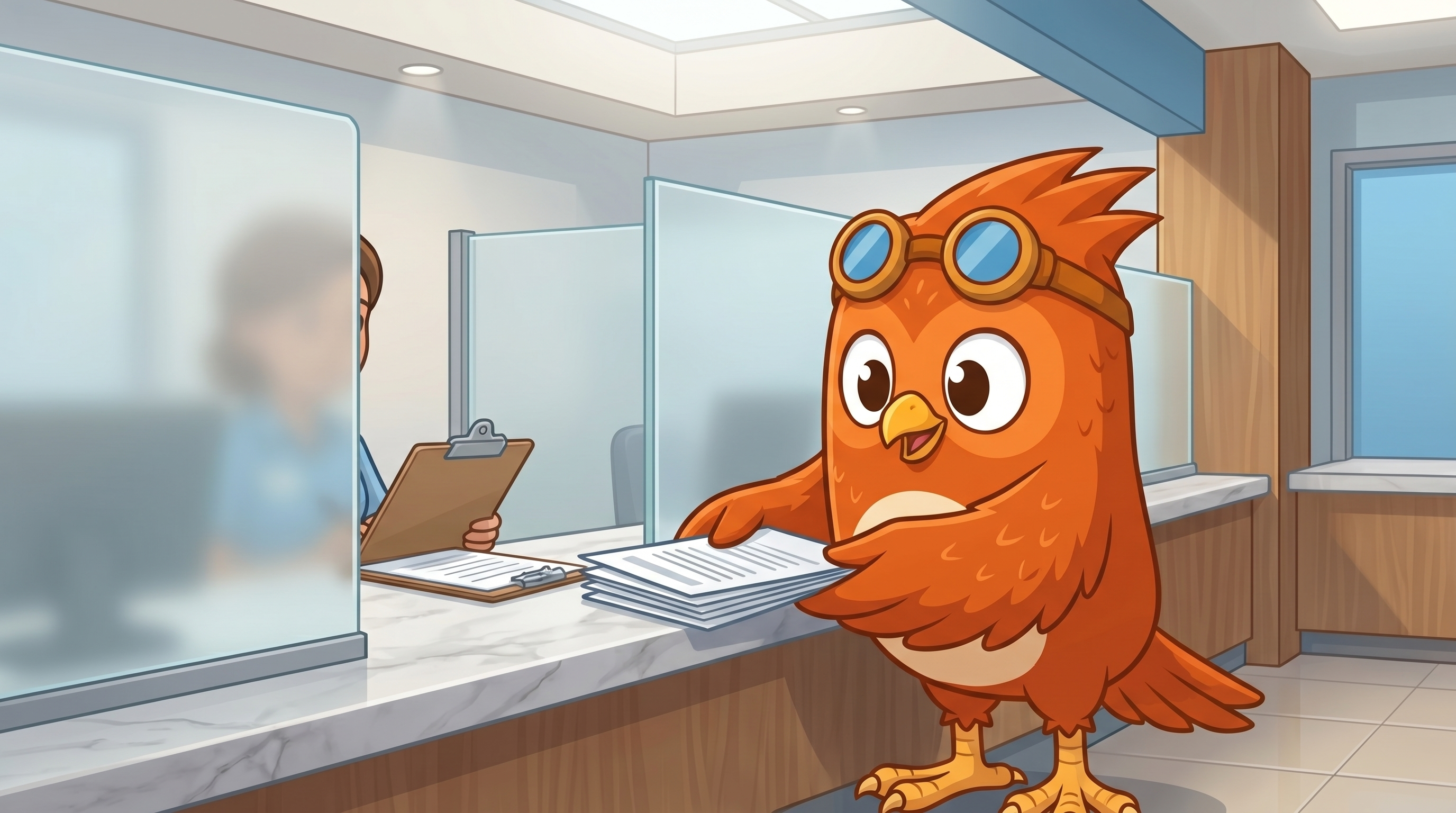 Wheeler the orange owl mascot standing at a DMV counter, showing documents to a helpful clerk