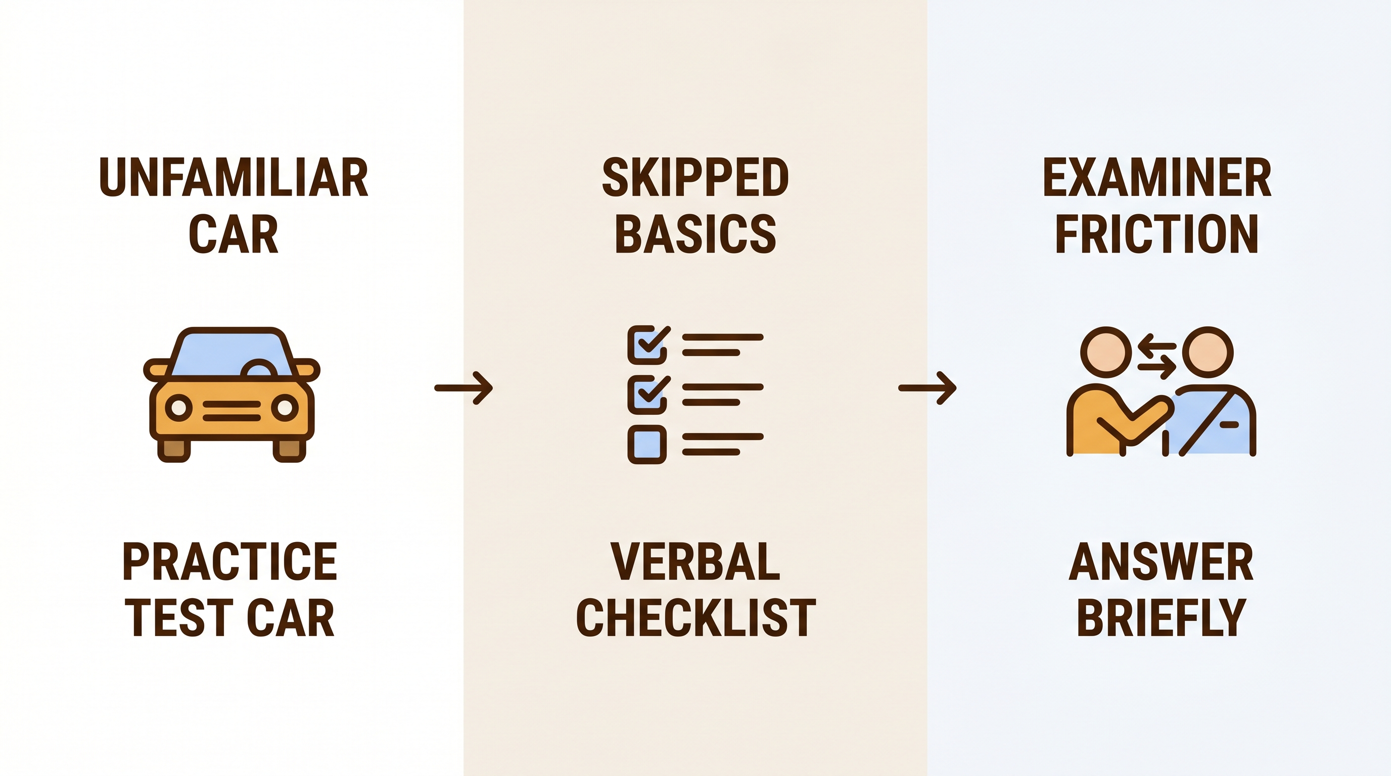 Clean infographic of three common DMV fail patterns and their fixes
