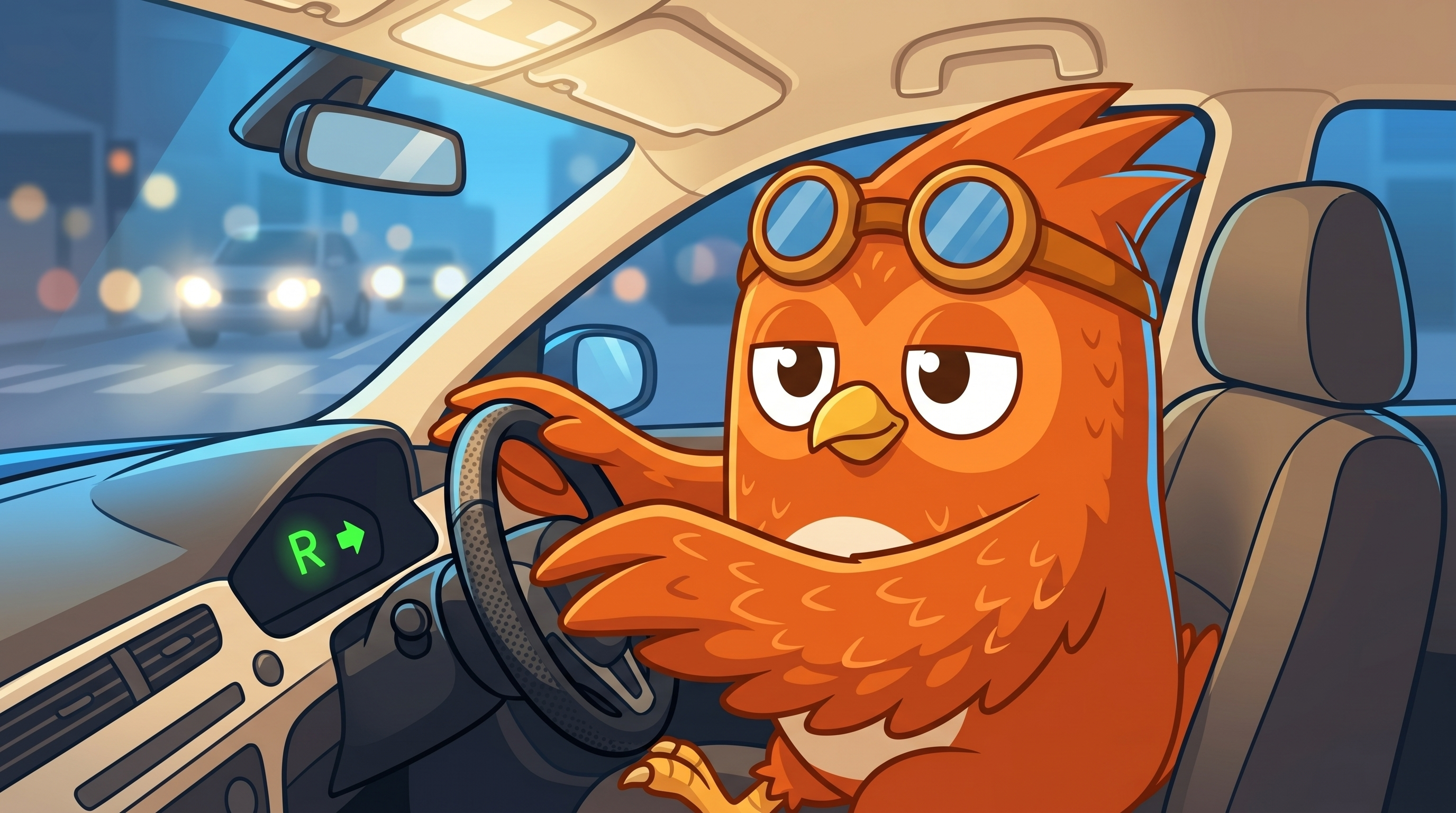 Wheeler the orange owl in the driver's seat with both wings on the steering wheel