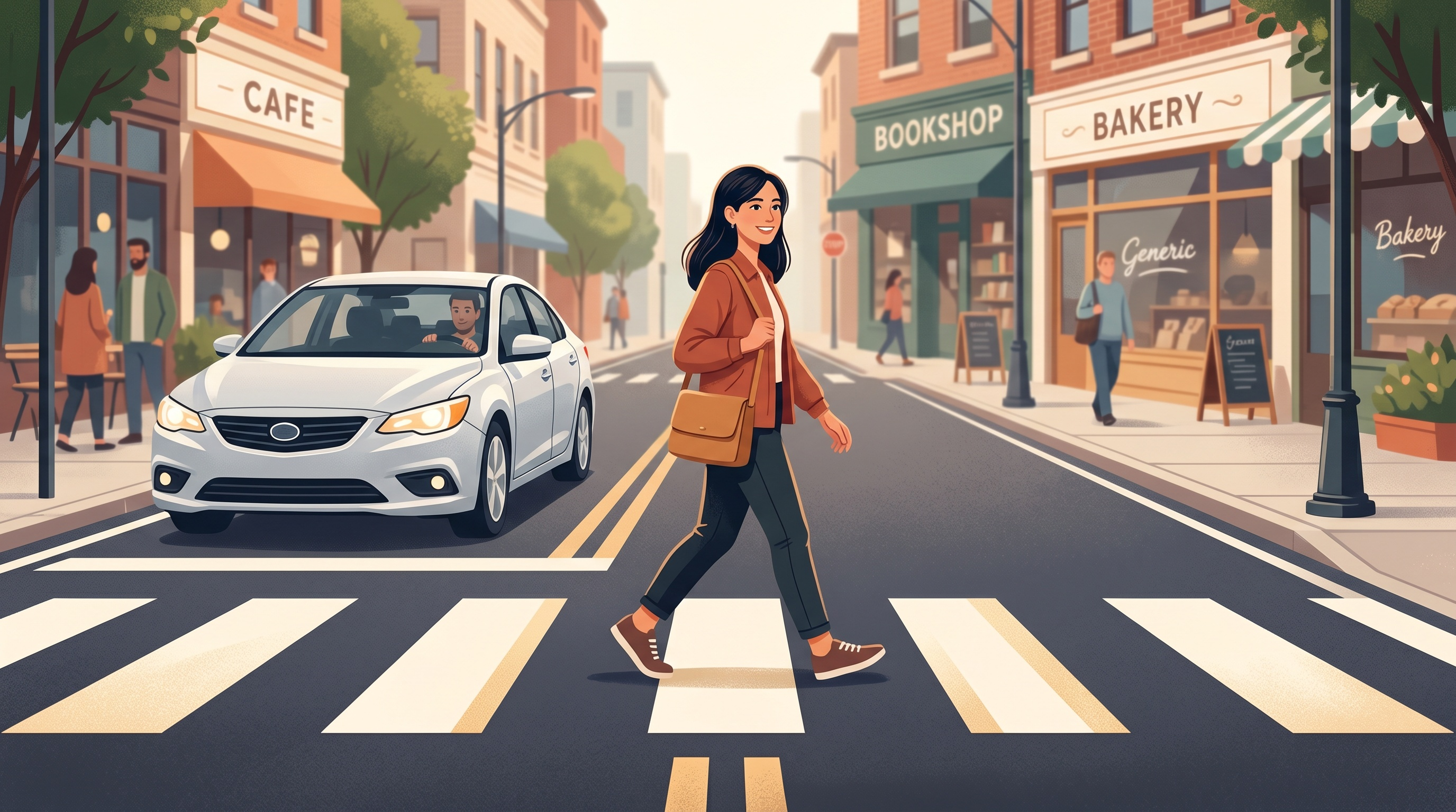 Pedestrian crossing marked crosswalk as car stops well before the line