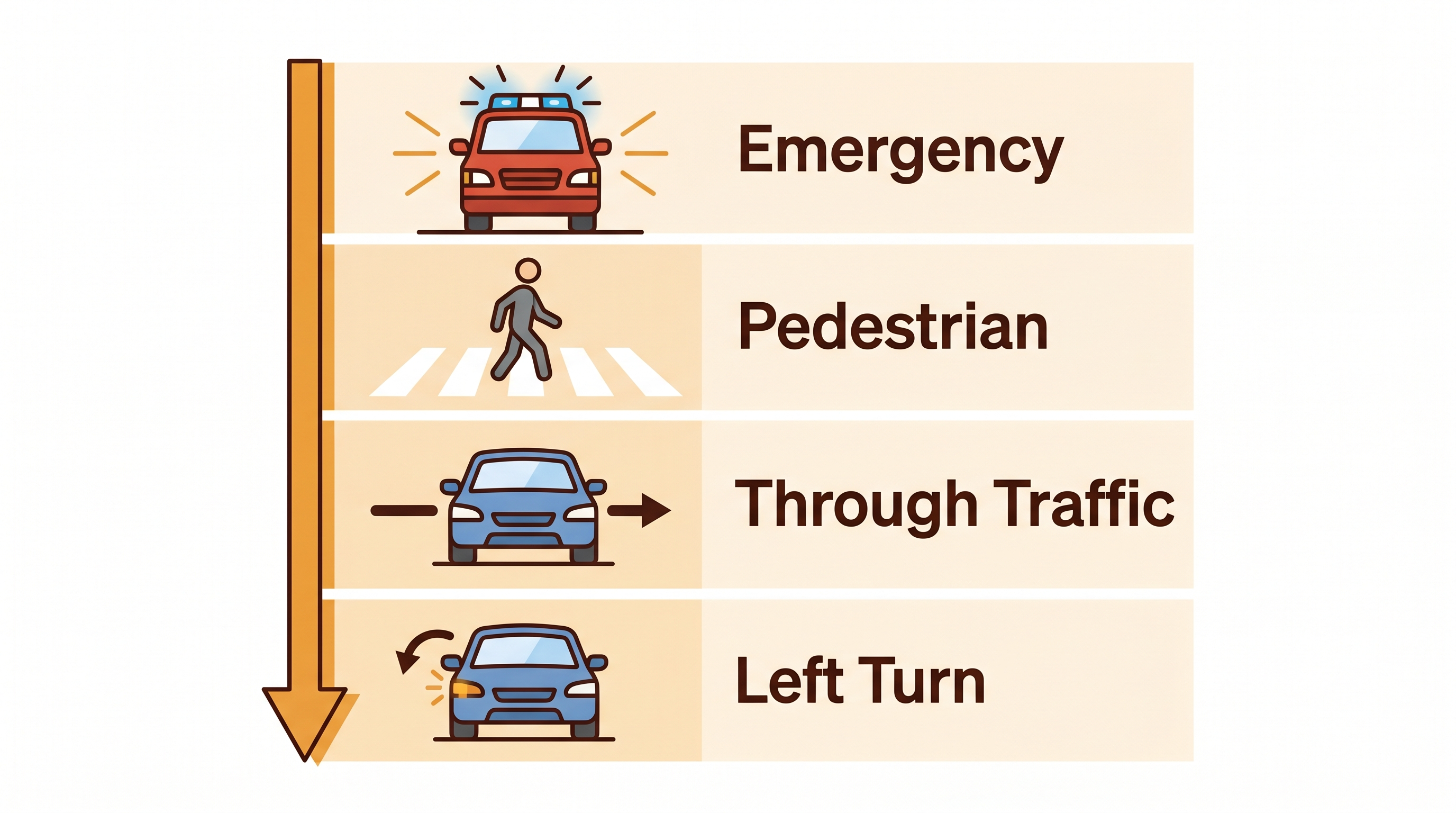 Right of way priority diagram for intersections, pedestrians, and emergency vehicles